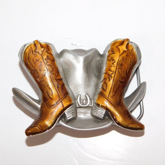 VTG 1995 GAP Western Cowboy Boots & Hat Pewter Belt Buckle 3.5" x 2.5" - Picture 2 of 5